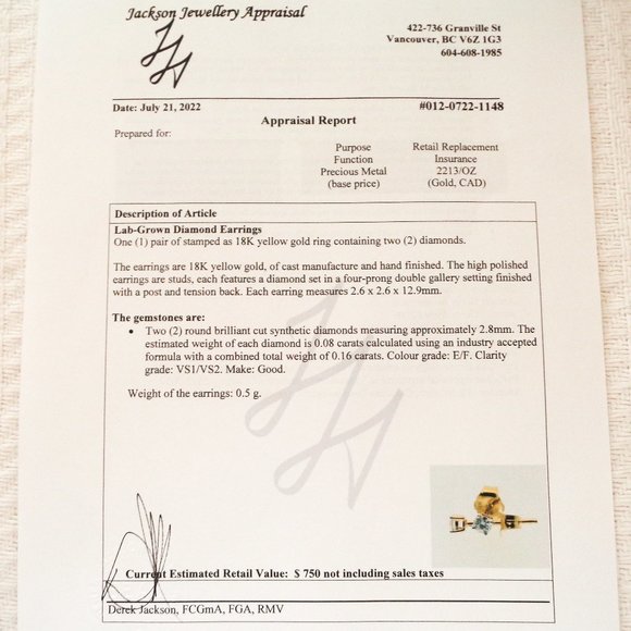 *SOLD* 18K Gold 0.16 Carat Lab Diamond Stud Earrings with $750 Appraisal Report - Picture 2 of 5